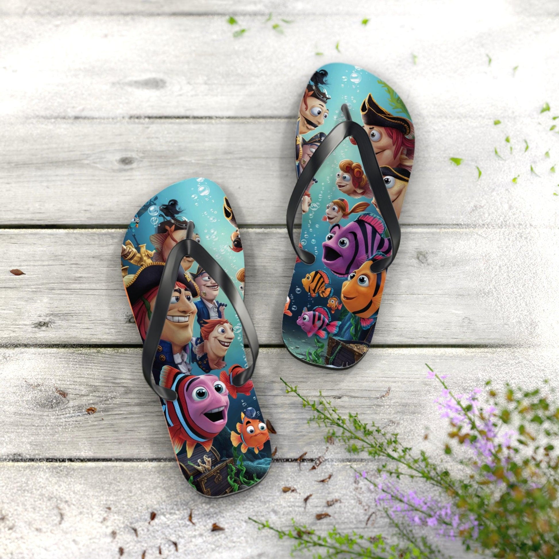 Comical Fish and Pirates Faceoff Inspired Flip Flops, Express Your Beach Loving Self - Coastal Collections