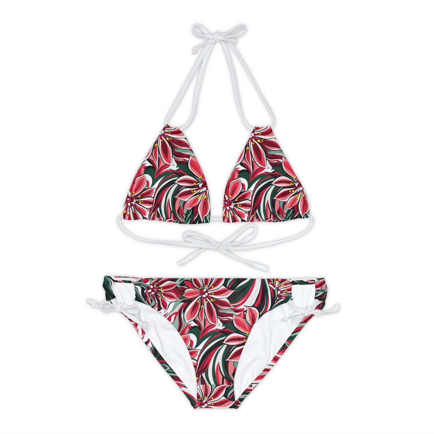 Red and White Oleander Flower Strappy Bikini Set