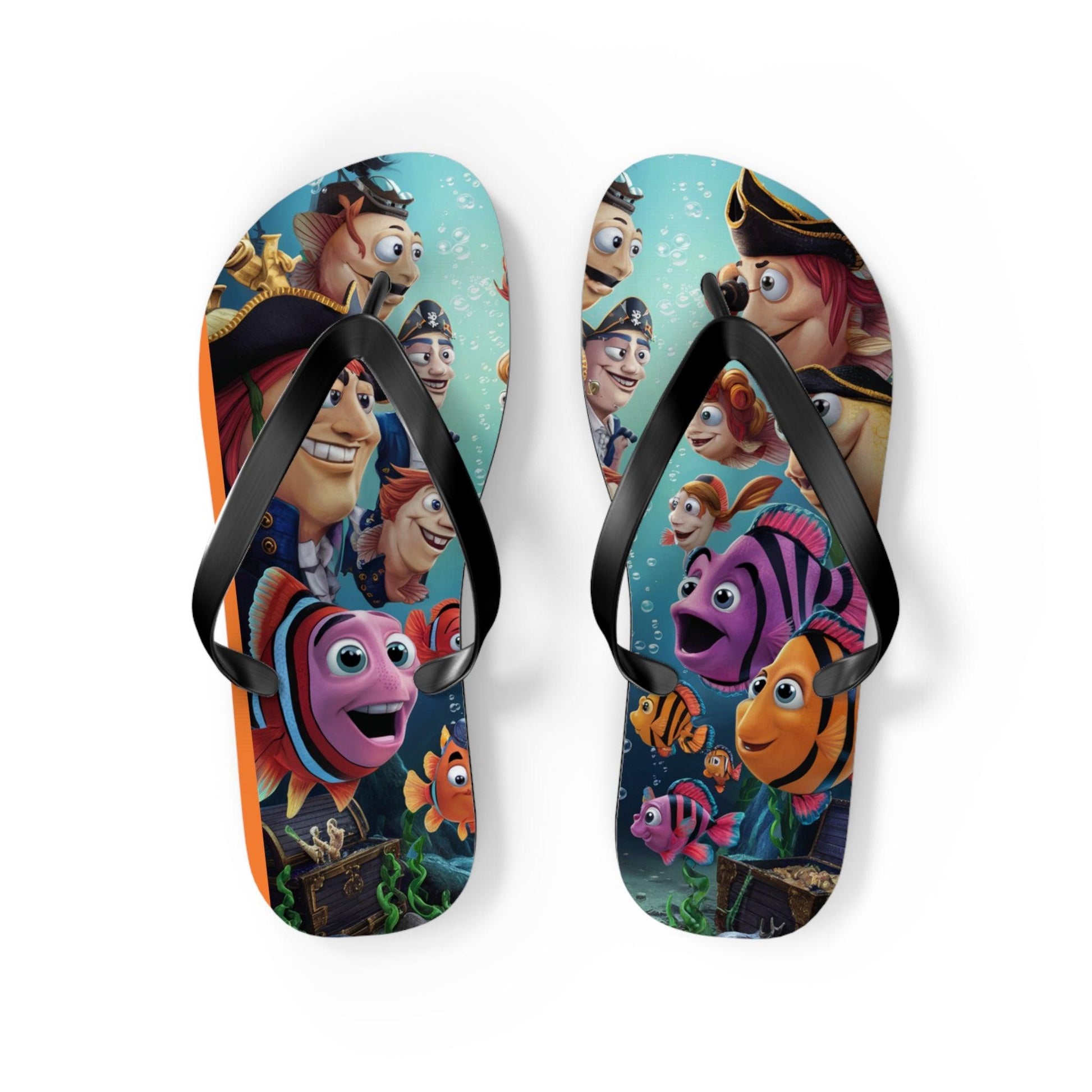 Comical Fish and Pirates Faceoff Inspired Flip Flops, Express Your Beach Loving Self - Coastal Collections