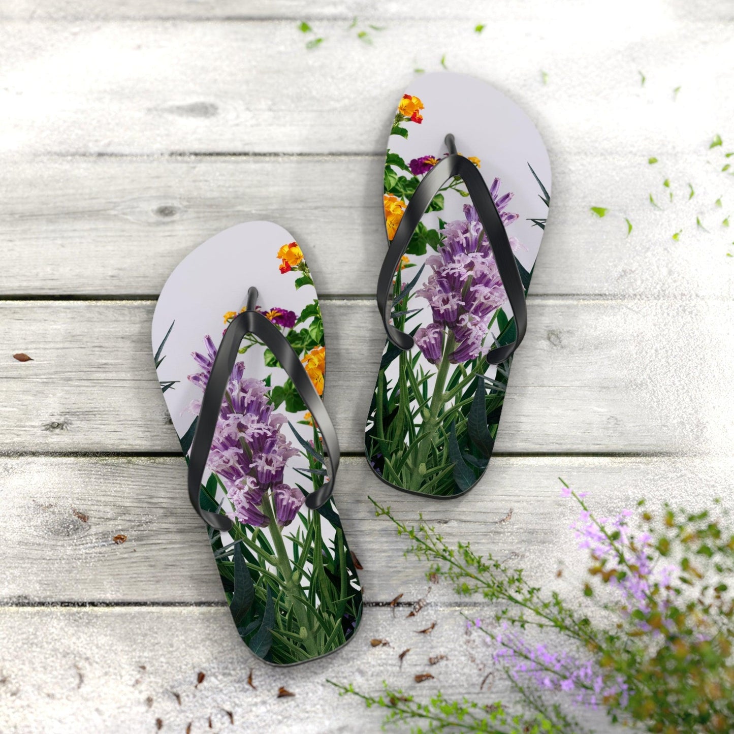 Sea Lavendar with purple hues flower bouquet Inspired Flip Flops, Express Your Beach Loving Self - Coastal Collections