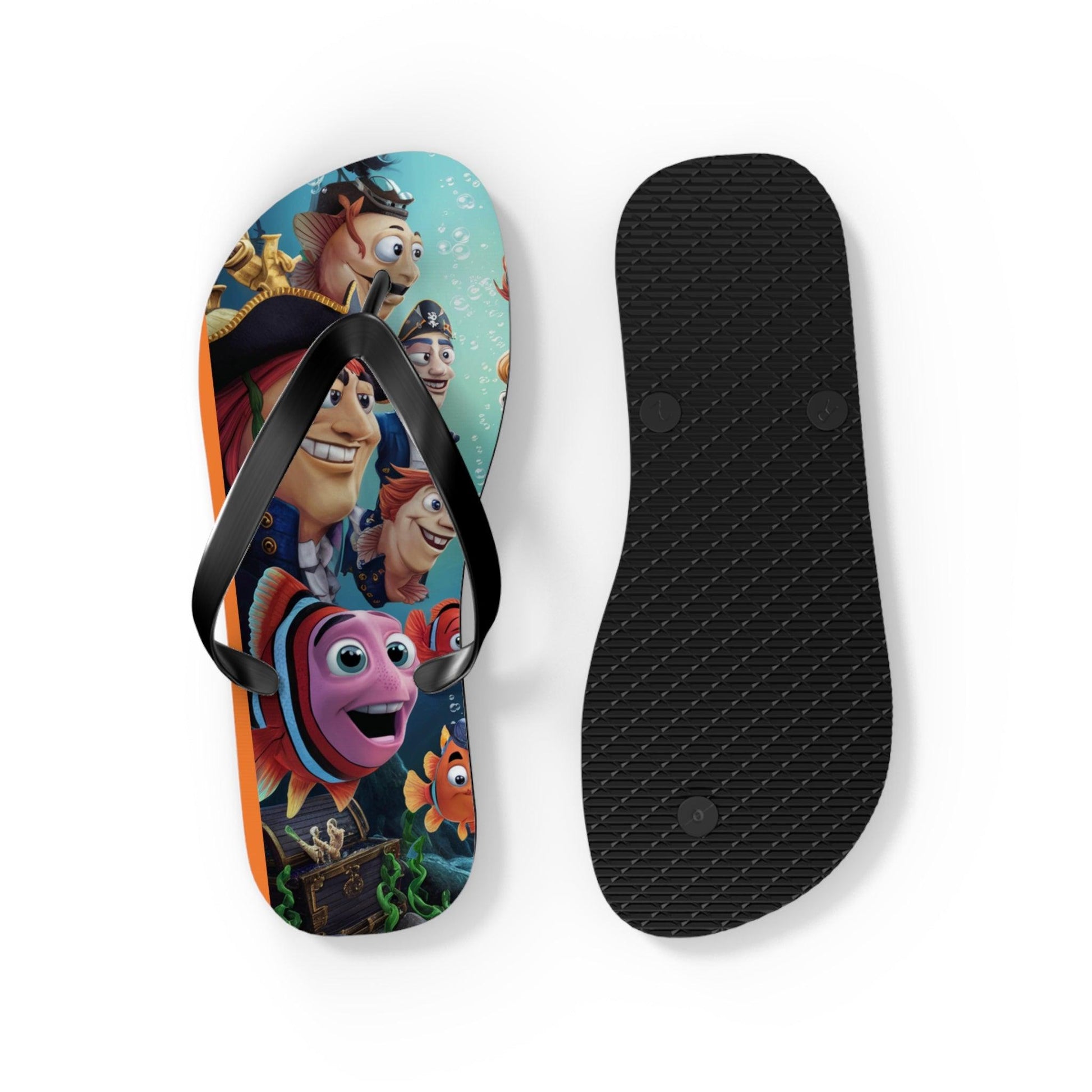 Comical Fish and Pirates Faceoff Inspired Flip Flops, Express Your Beach Loving Self - Coastal Collections