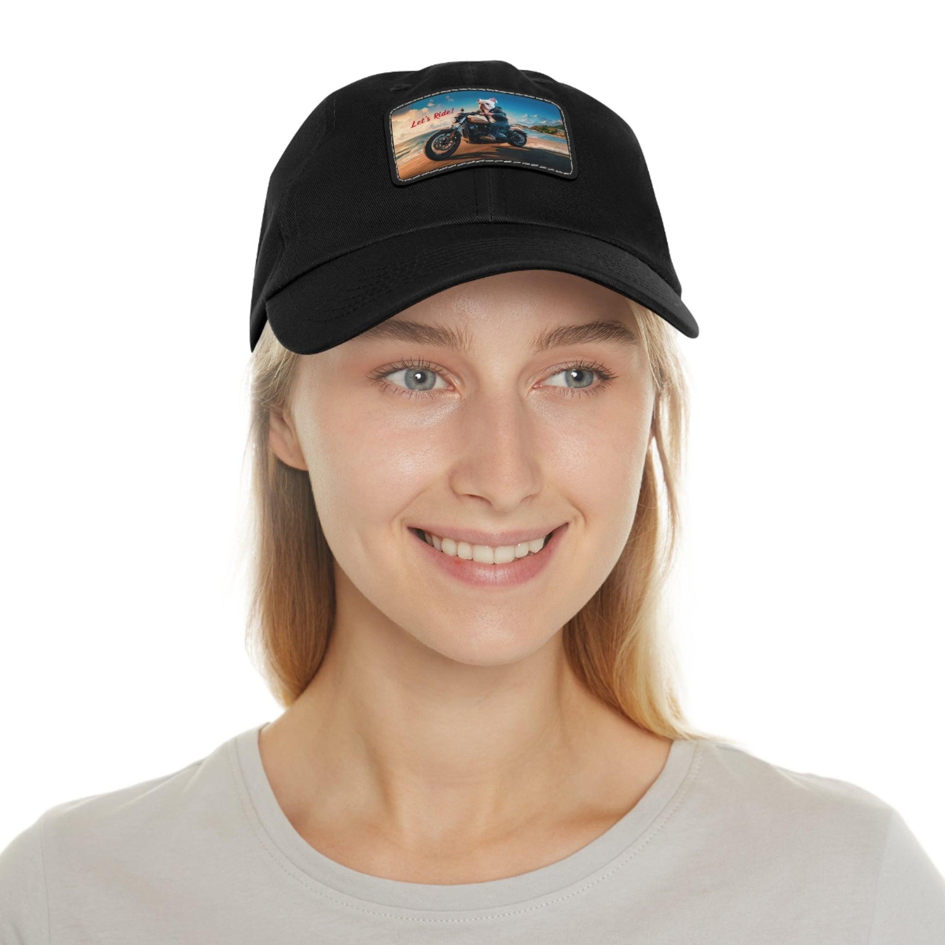 Let's Ride Bulldog Riding Motorcycle Cap, Dad Hat with Leather Patch (Rectangle) - Coastal Collections