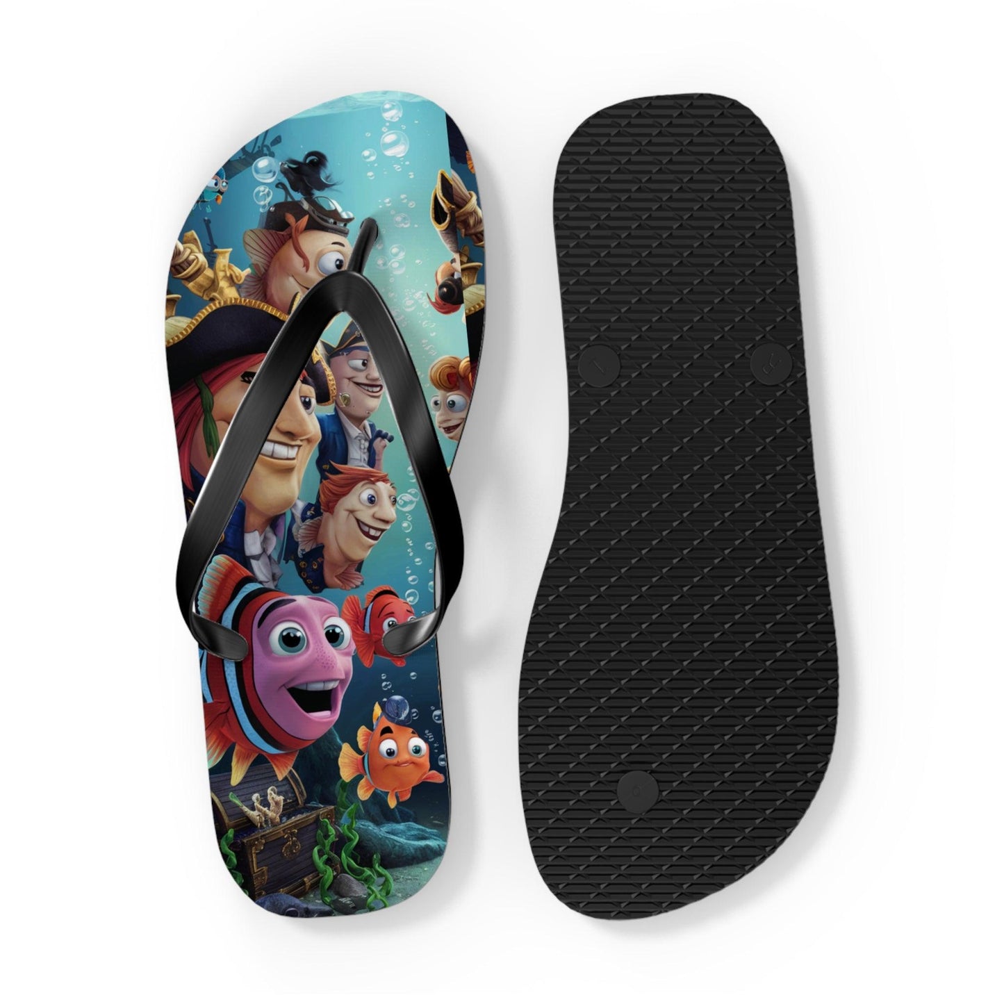 Comical Fish and Pirates Faceoff Inspired Flip Flops, Express Your Beach Loving Self - Coastal Collections