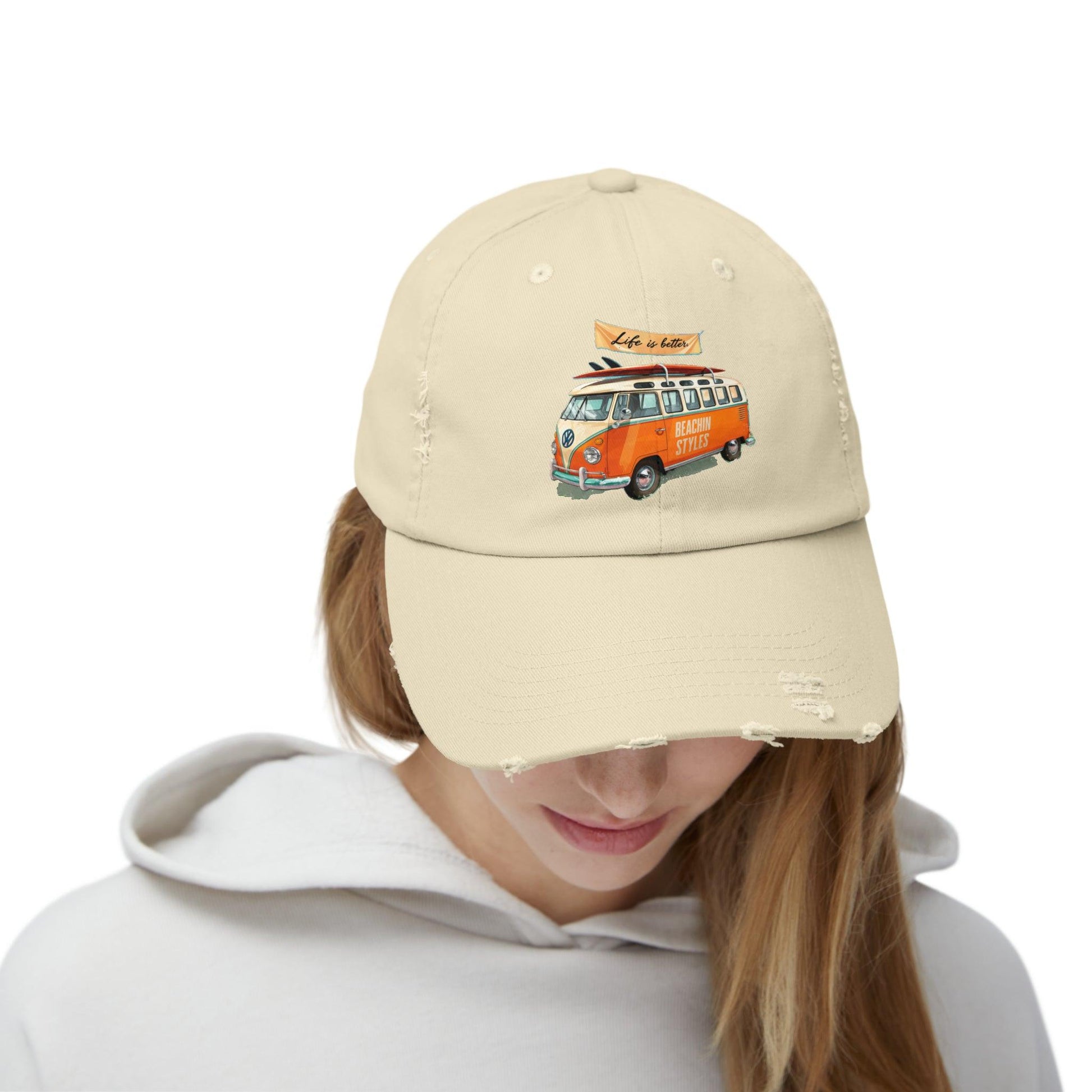 Retro Cap, Retro VW Bus, Life is better retro distressed cap, casual beach hat - Coastal Collections