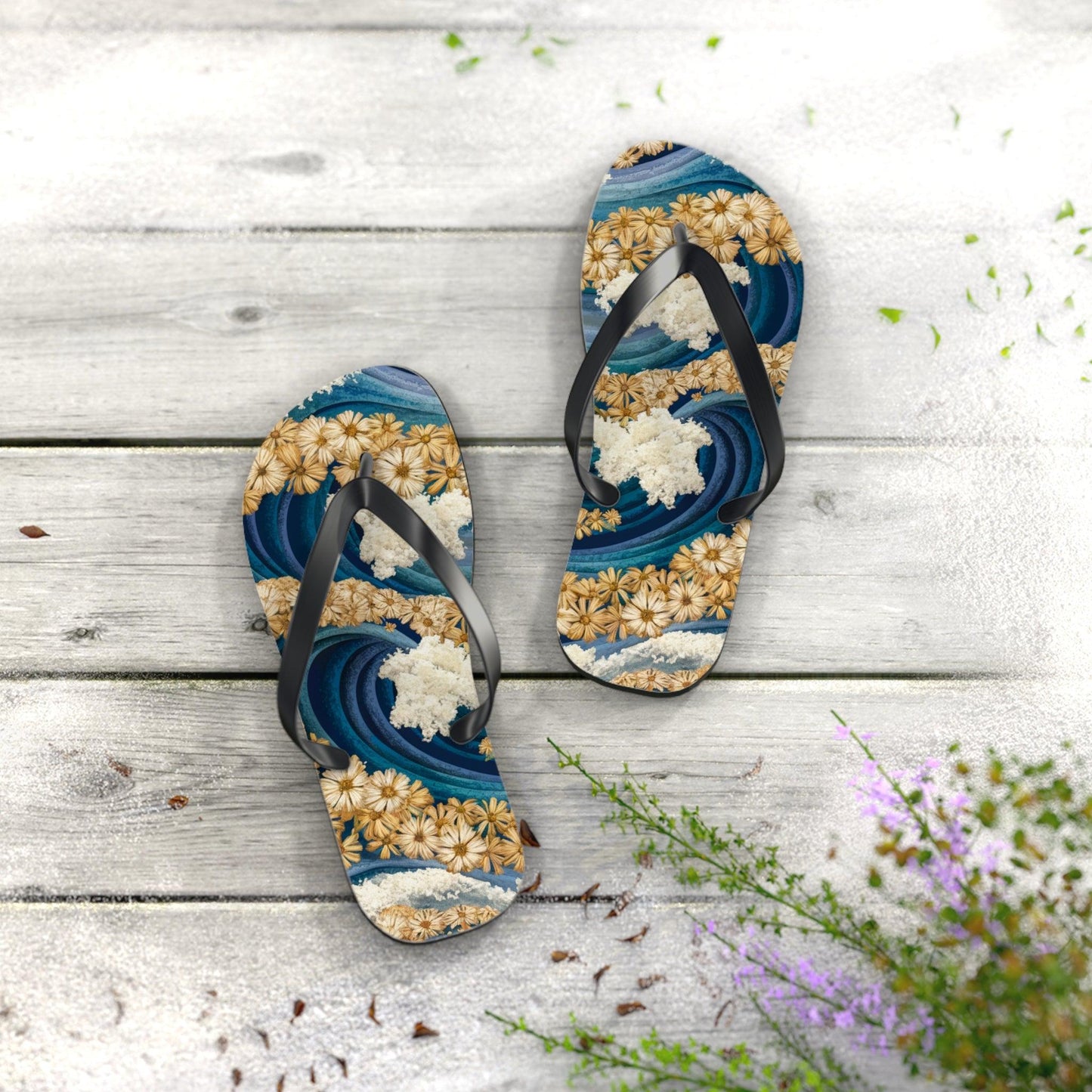 Sea Wave Yarrow Flower Inspired Flip Flops, Express Your Beach Loving Self - Coastal Collections