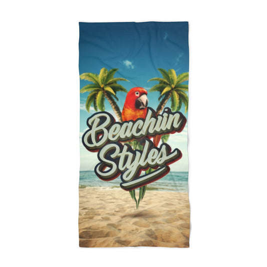 Beachin Styles© Red Parrot Palm Tree - Beach Towel