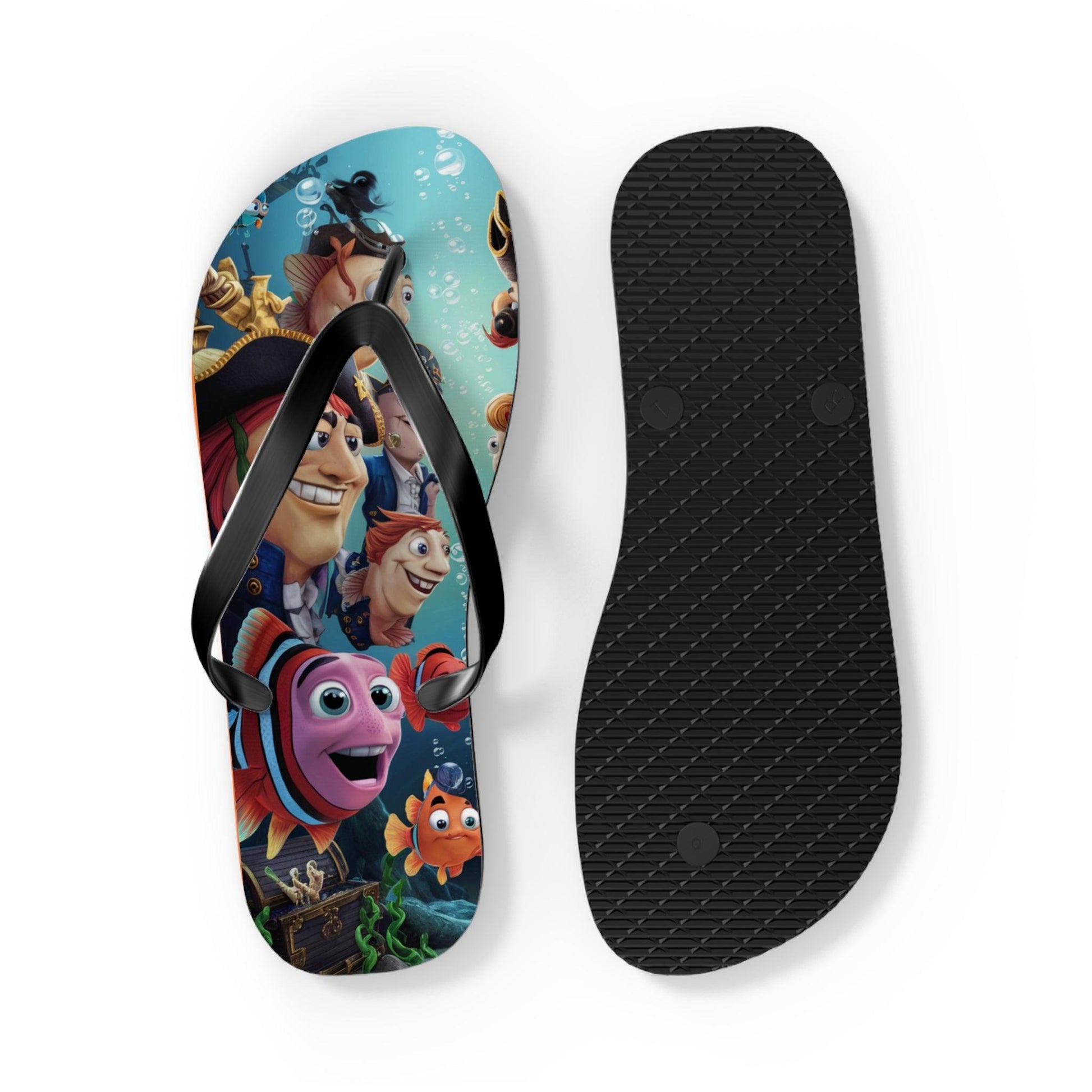 Comical Fish and Pirates Faceoff Inspired Flip Flops, Express Your Beach Loving Self - Coastal Collections