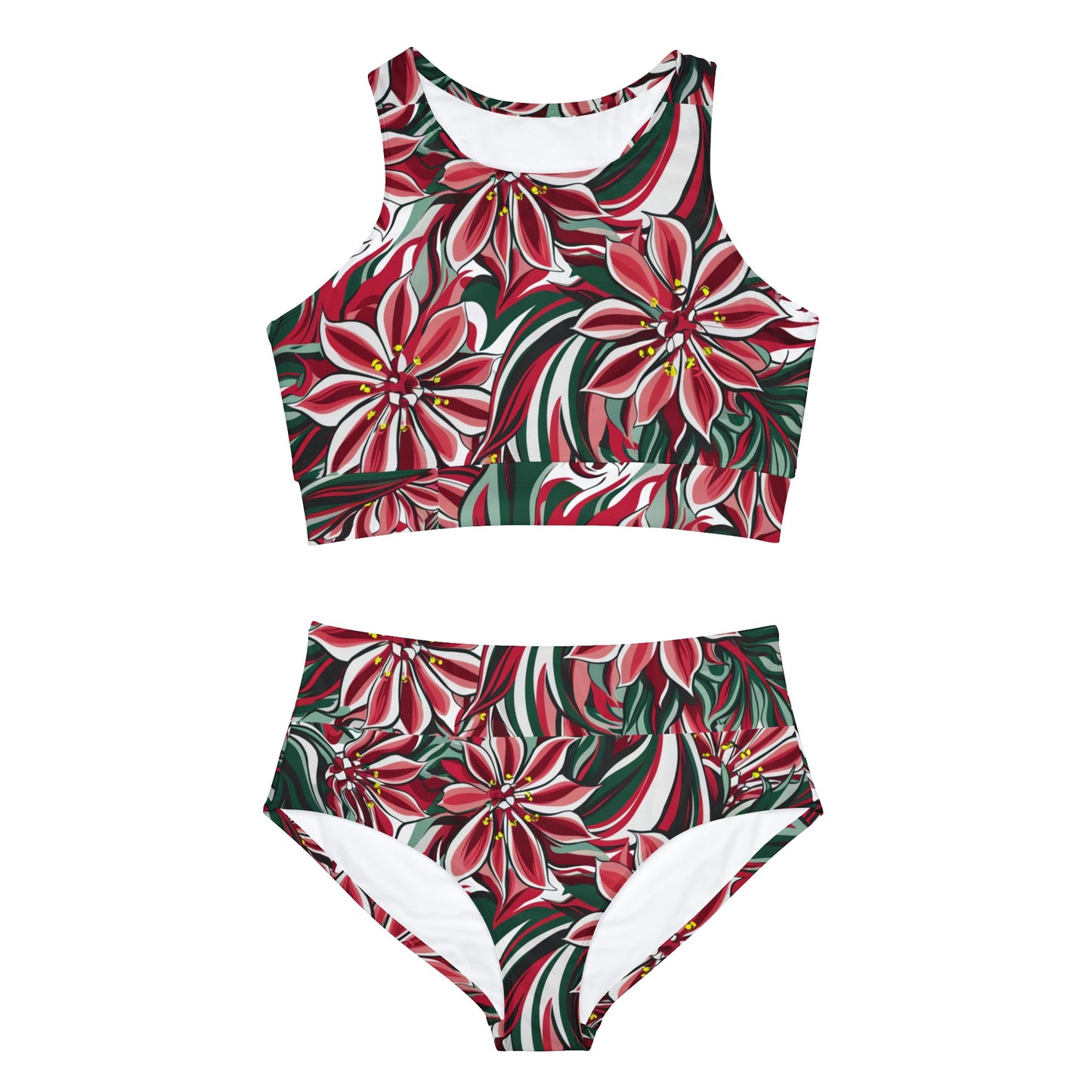 Red and White Oleander Flower Sporty Bikini Set