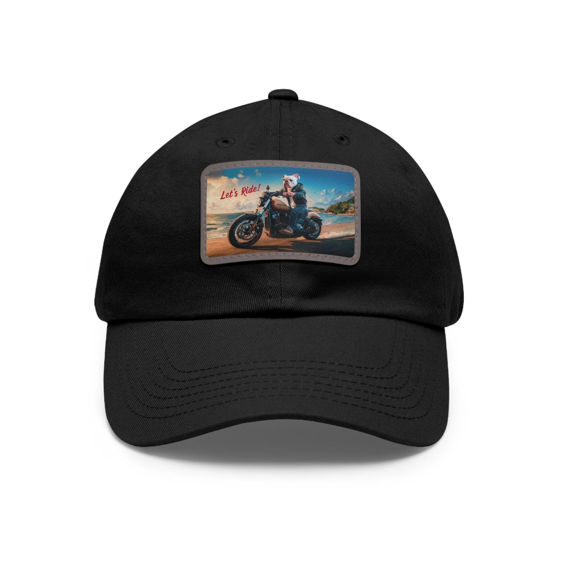 Let's Ride Bulldog Riding Motorcycle Cap, Dad Hat with Leather Patch (Rectangle) - Coastal Collections