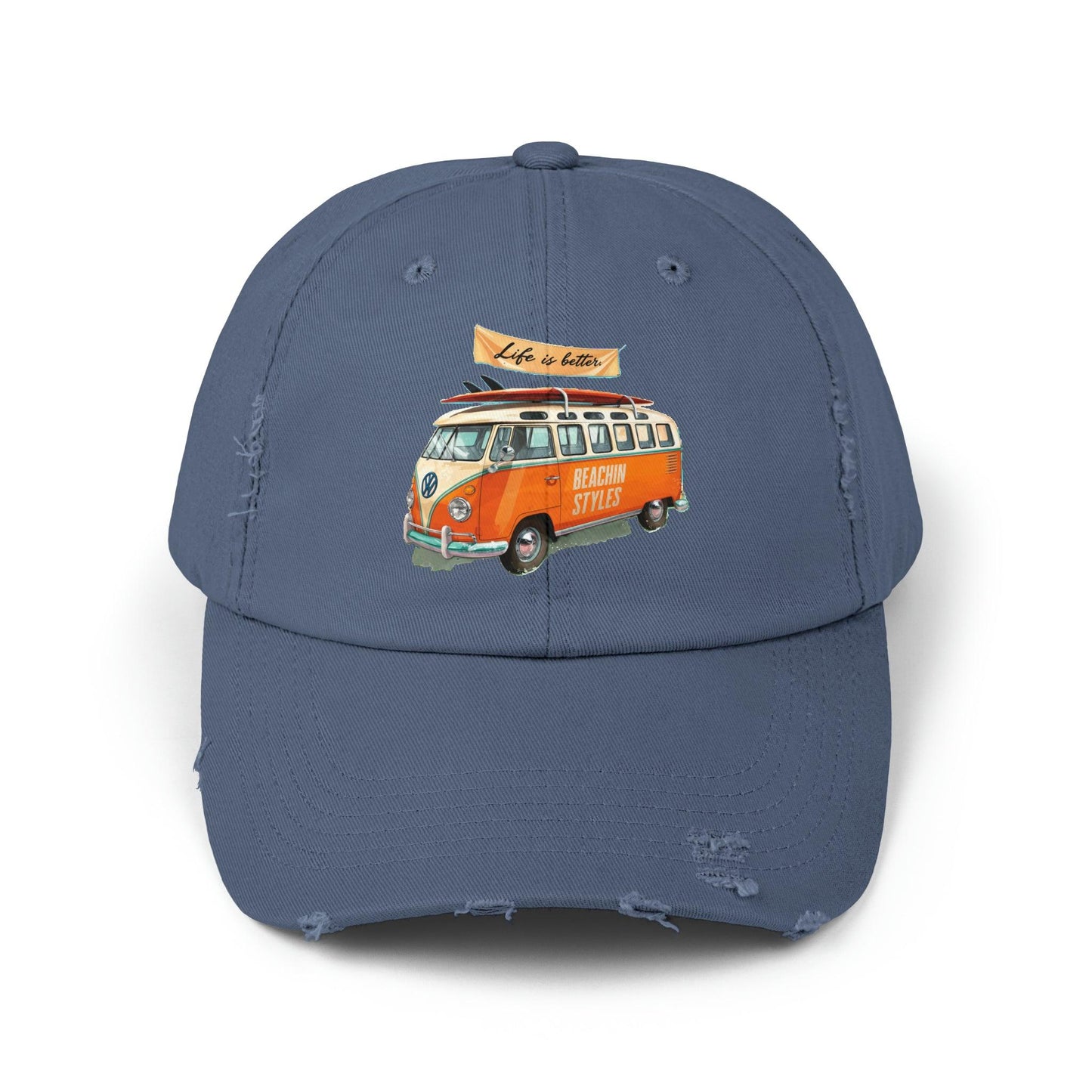 Retro Cap, Retro VW Bus, Life is better retro distressed cap, casual beach hat - Coastal Collections