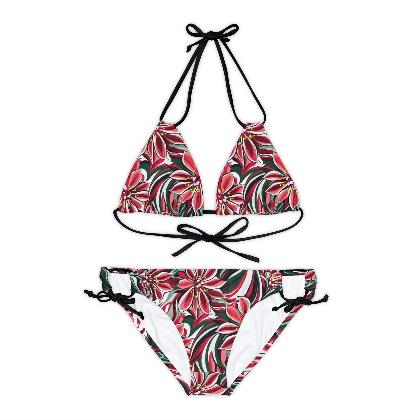 Red and White Oleander Flower Strappy Bikini Set