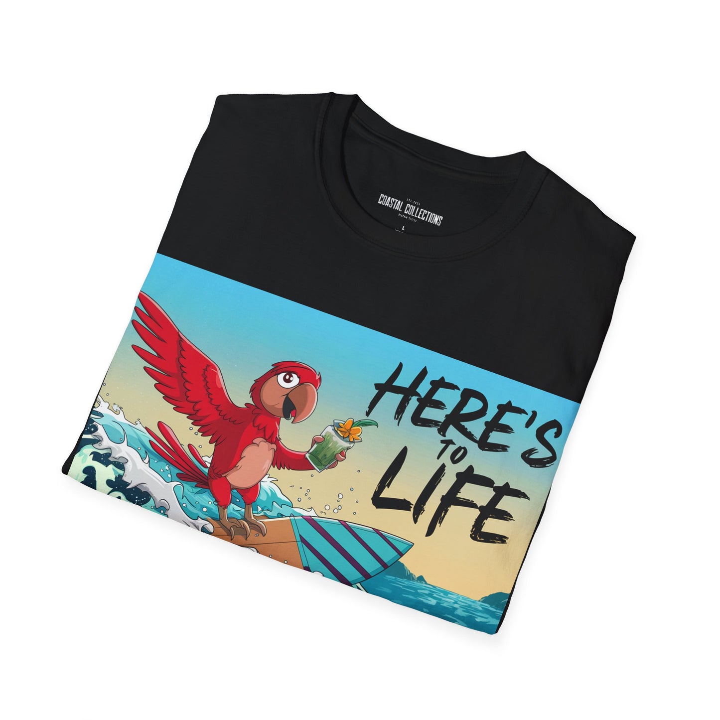 Here's to Life, Red Parrot Surfing - Unisex Softstyle T-Shirt