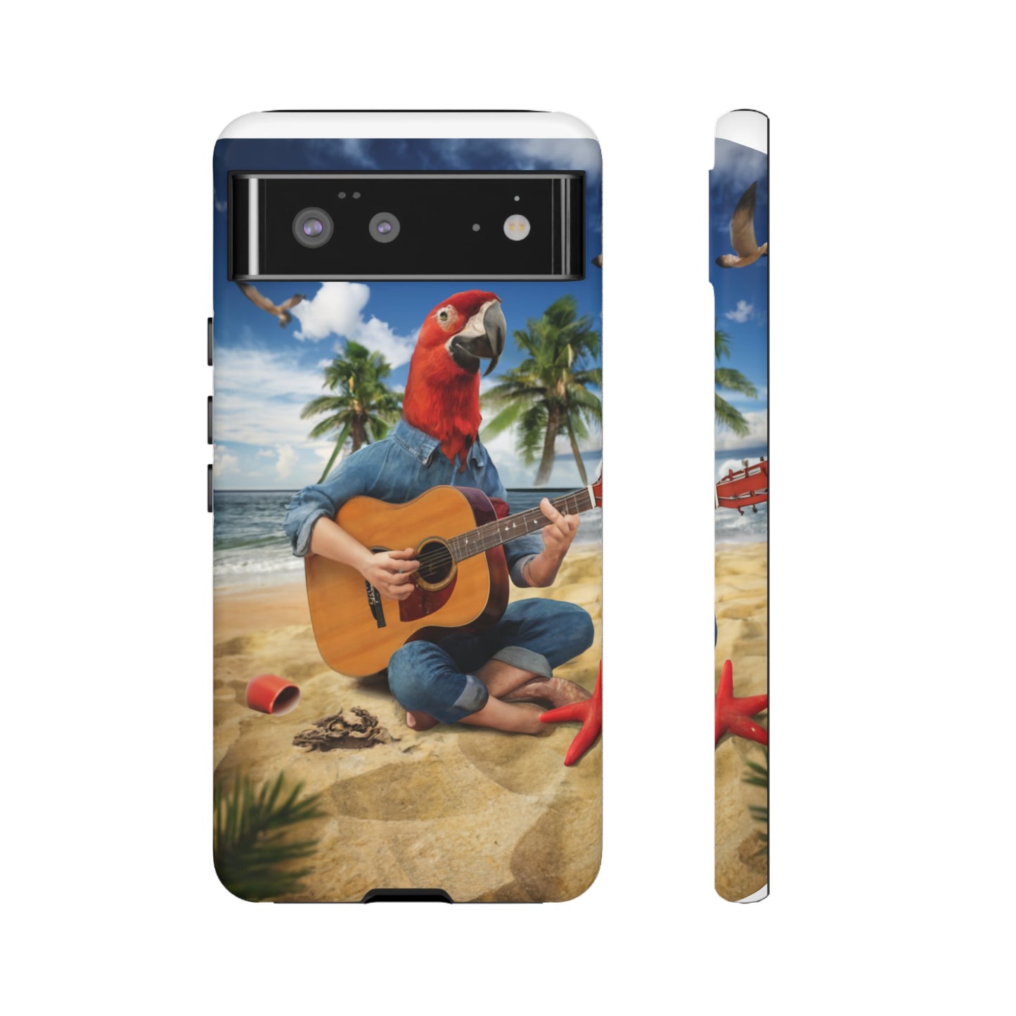 Tropical Serenade Red Parrot Man with Guitar Design Protective Phone Case