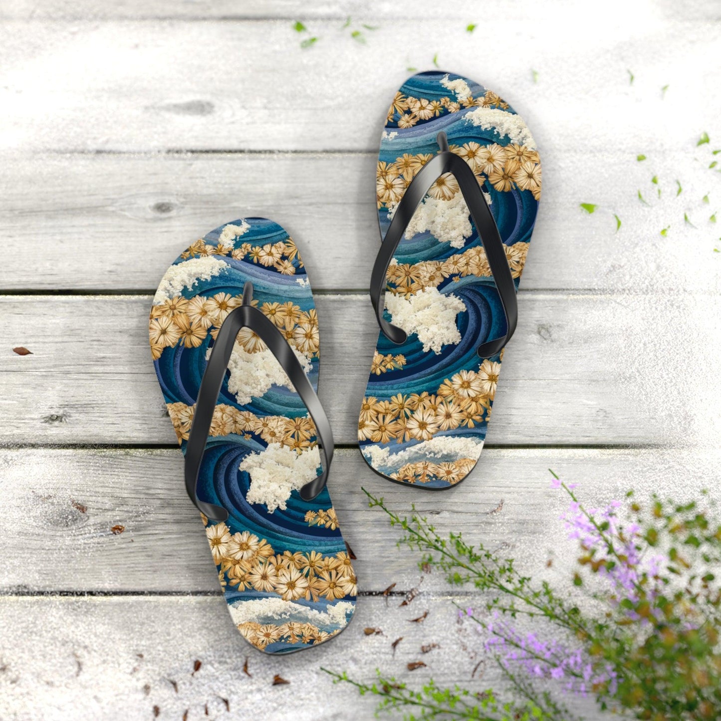 Sea Wave Yarrow Flower Inspired Flip Flops, Express Your Beach Loving Self - Coastal Collections