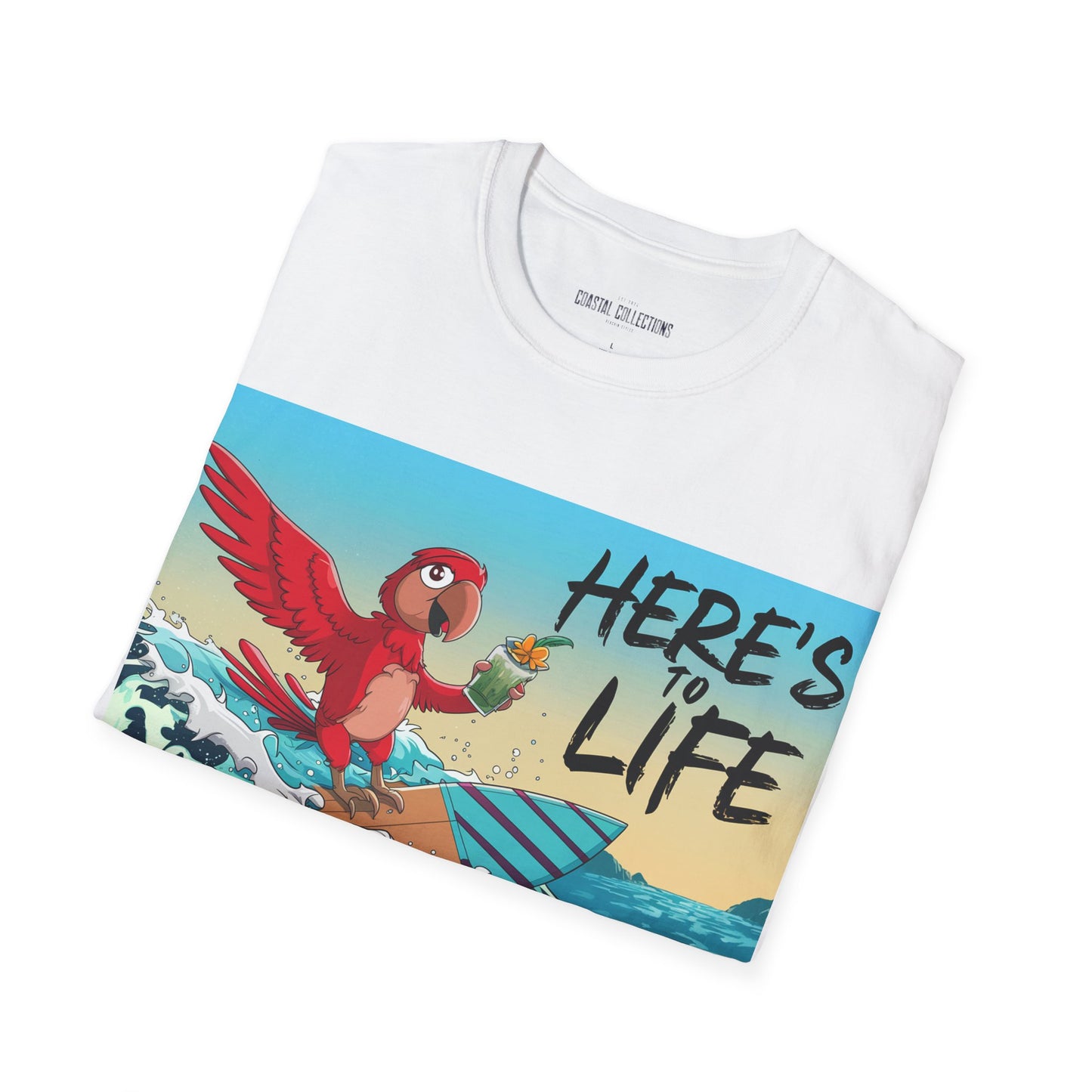 Here's to Life, Red Parrot Surfing - Unisex Softstyle T-Shirt