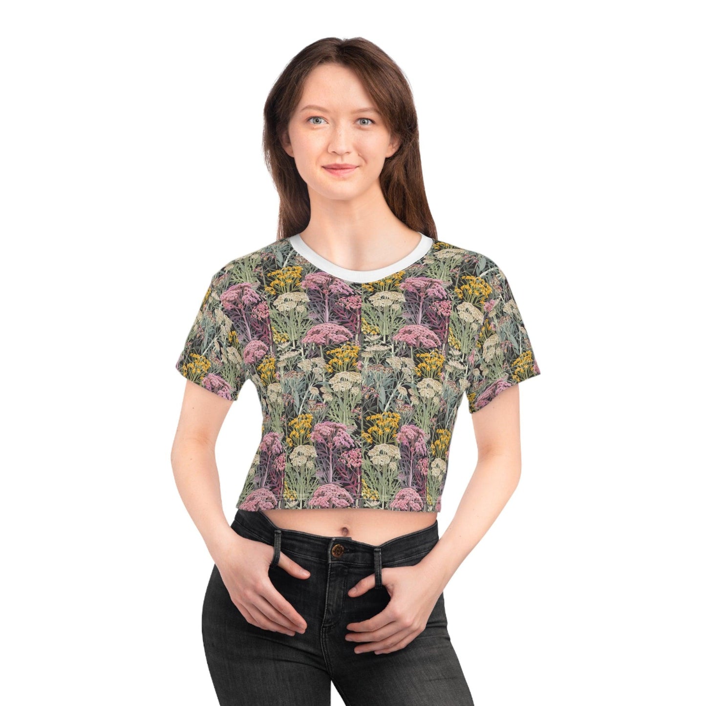 Yarrow Flowers Inspired by Calm Seas Small Repeating Print Crop Tee (AOP) - Coastal Collections