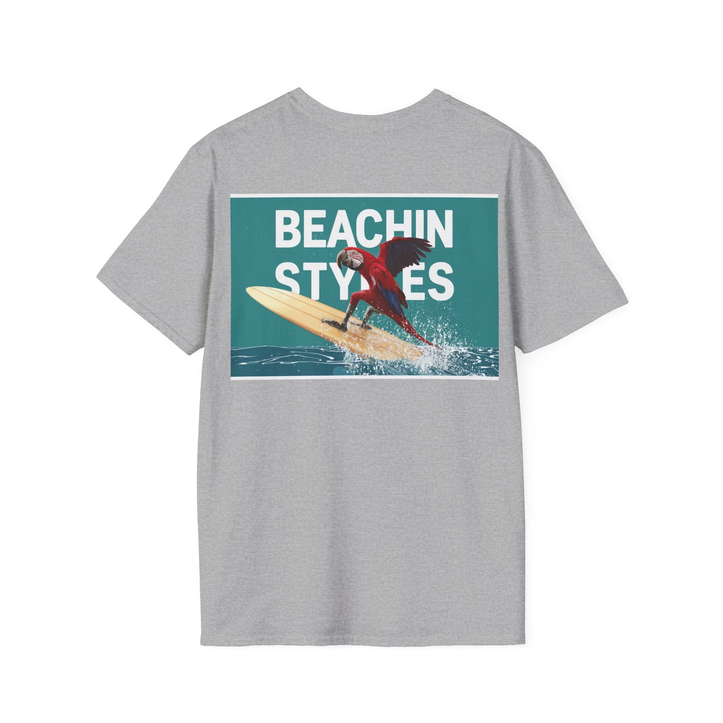 Wave Riding Parrot on Surfboard - Unisex Softstyle T-Shirt