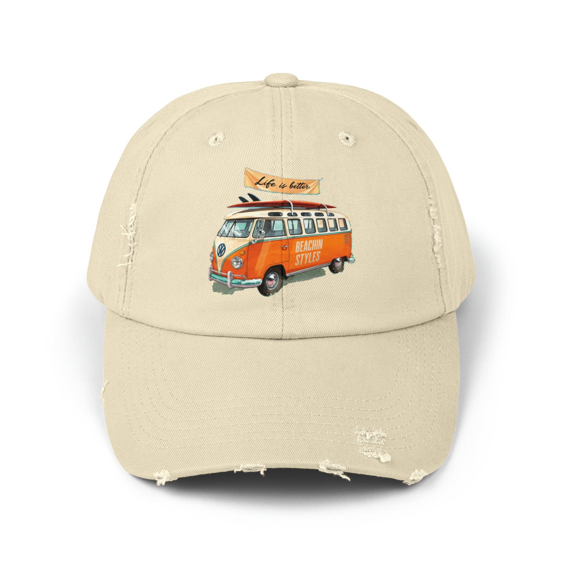 Retro Cap, Retro VW Bus, Life is better retro distressed cap, casual beach hat - Coastal Collections